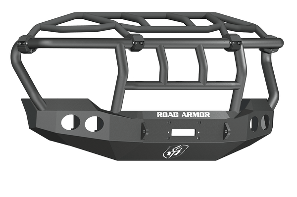 Road Armor Stealth 611403B 2011-2016 Ford F250/F350/F450/F550 Super Duty Winch Front Bumper with Titan Guard with Intimidator Guard and Round Light Cutouts - BumperStock