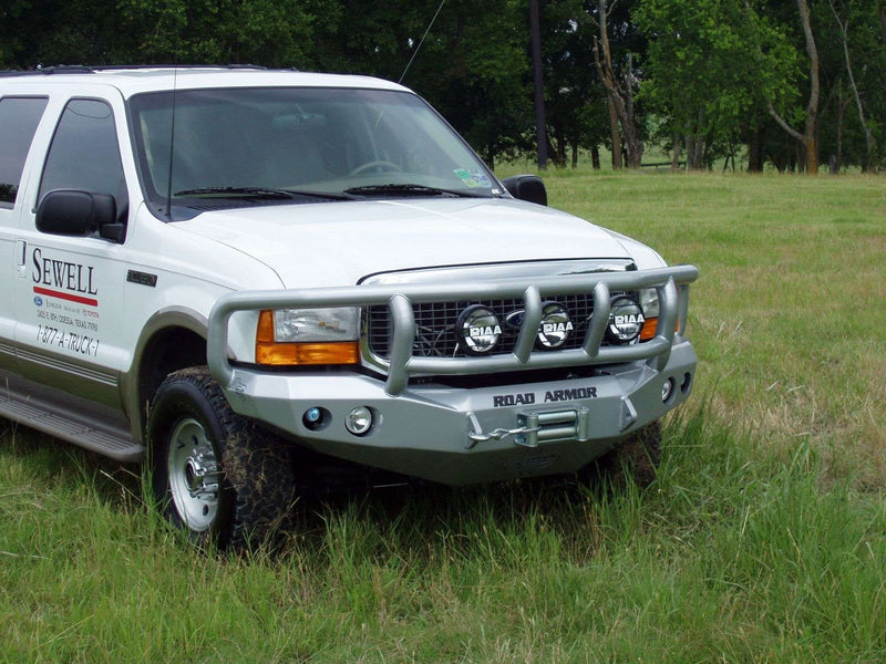 Road Armor Stealth 60502B 2005-2007 Ford F250/F350/F450/Excursion Winch Front Bumper with Titan II Guard and Round Light Cutouts - BumperStock