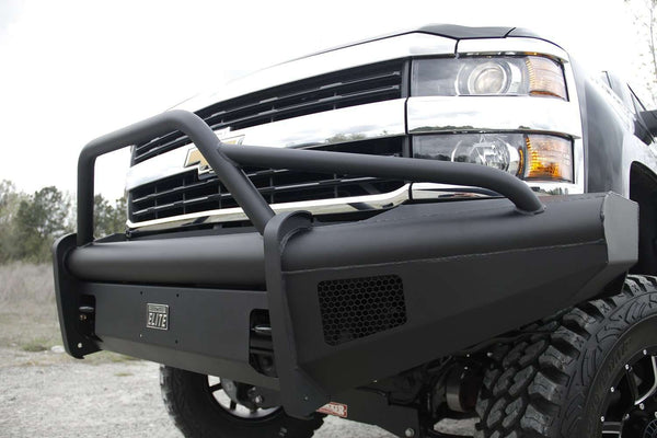 Fab Fours CH08-Q2062-1 2007.5-2010 Chevy Silverado 2500/3500 HD Black Steel Elite Front Bumper Pre-Runner Guard-BumperStock