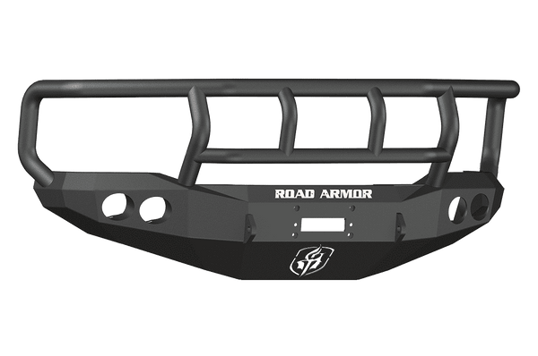 Road Armor 66002B 1999-2004 Ford F250/F350/F450 Winch Front Bumper with Titan II Guard and Round Light Holes - Satin Black-BumperStock